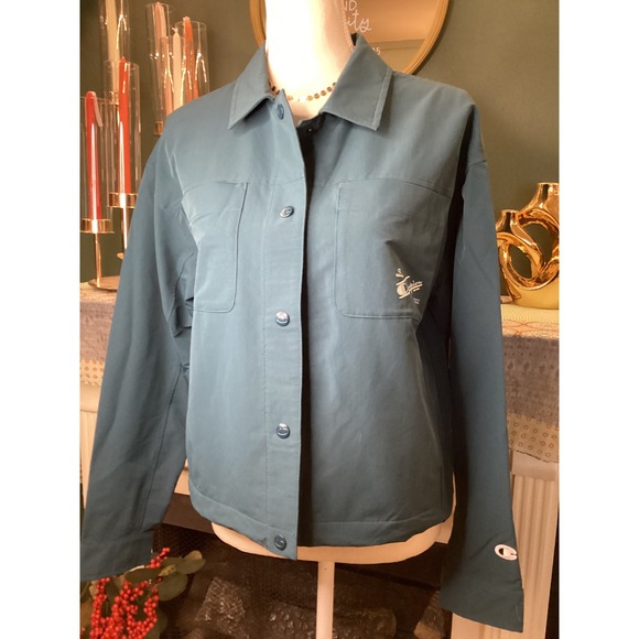 Champion Jackets & Blazers - Champion Womens XS Teal Nylon Snap Front Coach‎ Jacket Athletic Apparel Logo